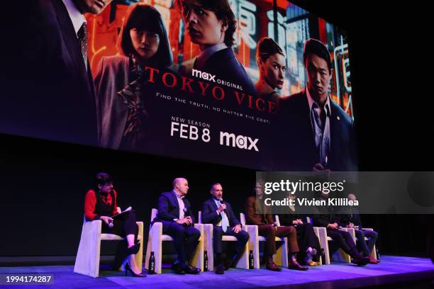 Stacey Wilson Hunt, J.T. Rogers, Alan Poul, Ansel Elgort, Rachel Keller and Ken Watanabe speak during "Tokyo Vice" panel for day one of the 12th SCAD...