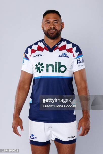 Patrick Tuipulotu of the Blues poses during the Blues 2024 Super Rugby Headshots Session on January 23, 2024 in Auckland, New Zealand.