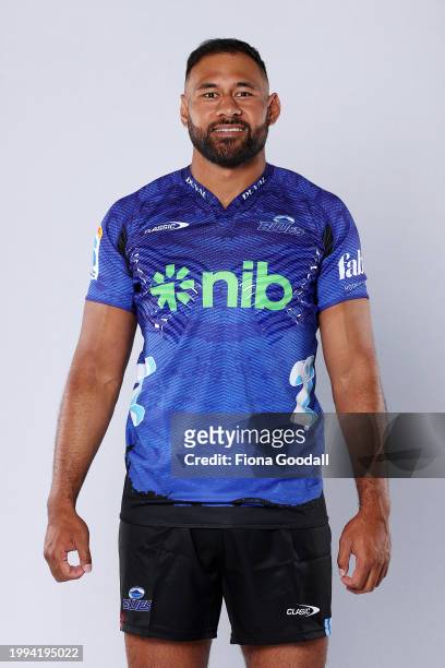 Patrick Tuipulotu of the Blues poses during the Blues 2024 Super Rugby Headshots Session on January 23, 2024 in Auckland, New Zealand.