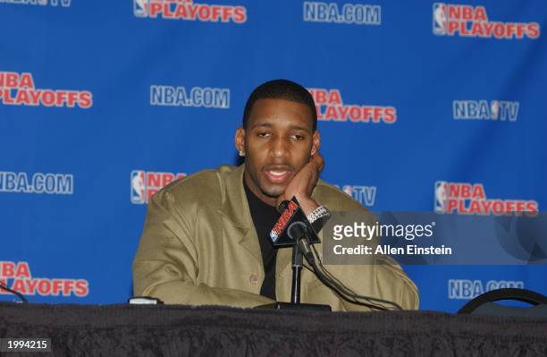 Tracy McGrady of the Orlando Magic addresses the media after the Game seven loss against the Detroit Pistons in the Eastern Conference Quaterfinals...