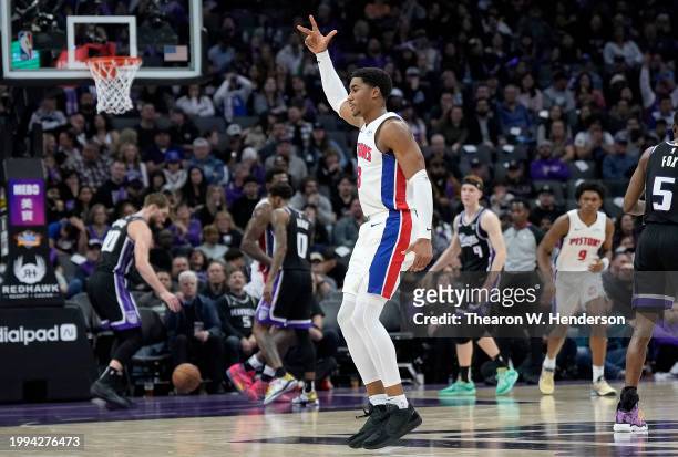 Jaden Ivey of the Detroit Pistons reacts after making a three-point shot against the Sacramento Kings in the fourth quarter at Golden 1 Center on...