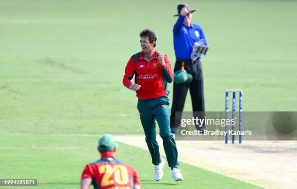 Paddy Dooley of Tasmania celebrates taking the wicket of Liam Guthrie of Queensland during the Marsh One Day Cup match between Queensland and...