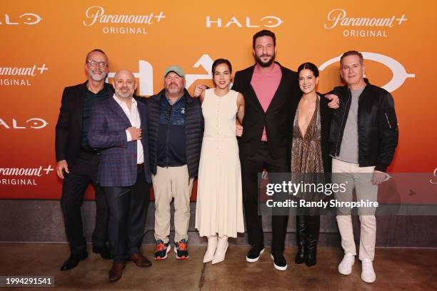 Geoff Stier, David Weiner, Justin Falvey, Cristina Rodlo, Pablo Schreiber, Kiki Wolfkill and Darryl Frank attend "Halo" Fan Screening at Nya Studios...