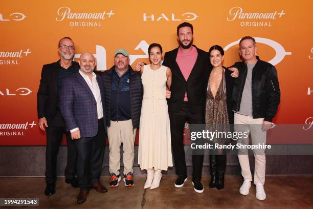 Geoff Stier, David Weiner, Justin Falvey, Cristina Rodlo, Pablo Schreiber, Kiki Wolfkill and Darryl Frank attend "Halo" Fan Screening at Nya Studios...