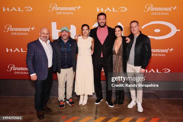 David Weiner, Justin Falvey, Cristina Rodlo, Pablo Schreiber, Kiki Wolfkill and Darryl Frank attend "Halo" Fan Screening at Nya Studios on February...