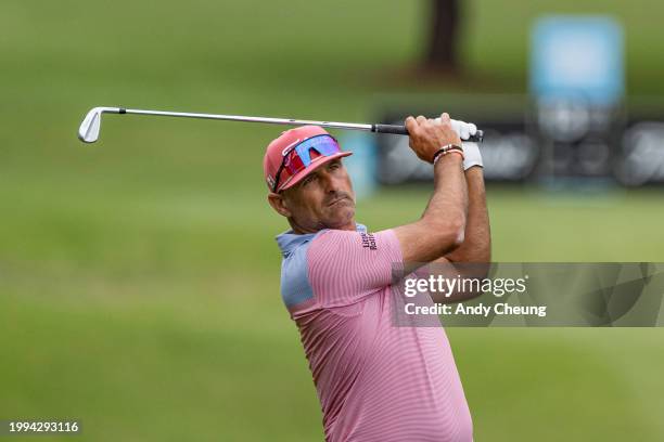 Michael Hendry of New Zealand plays his second shot on the 13th hole during the Webex Players Series Sydney at Castle Hill Country Club on February...