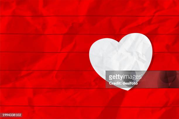 ilustraciones, imágenes clip art, dibujos animados e iconos de stock de one big vibrant solid red colored heart shape over plain white coloured textured crumpled white line page paper vector valentine love theme vertical backgrounds with folds and creases - crumpled