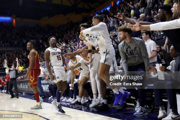 Jalen Cone of the California Golden Bears reacts after he made a three-point basket against the USC Trojans in overtime at Haas Pavilion on February...