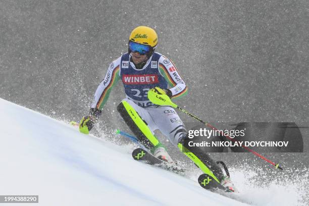 Germany's Sebastian Holzmann competes in the Men's Slalom event during the FIS Alpine Ski World Cup in Bansko, on February 11, 2024.