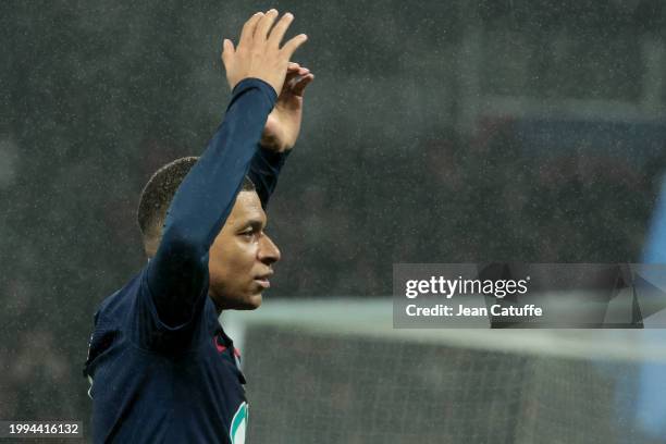 Kylian Mbappe of PSG celebrates his goal during the French Cup match between Paris Saint-Germain and Stade Brestois 29 at Parc des Princes stadium on...