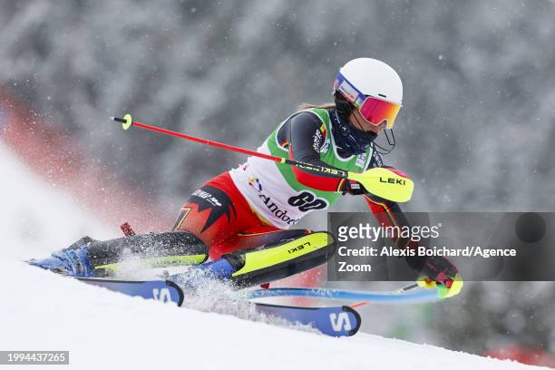 Kim Vanreusel of Team Belgium in action during the Audi FIS Alpine Ski World Cup Women's Slalom on February 11, 2024 in Soldeu, Andorra.