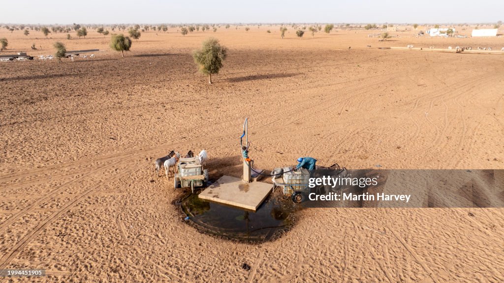 Aerial. Black man filling a plastic container on the back of a donkey cart with drinking water from a deep well in the Sahel, Sahara Desert, Senegal. Drought, Climate Change, Desertification