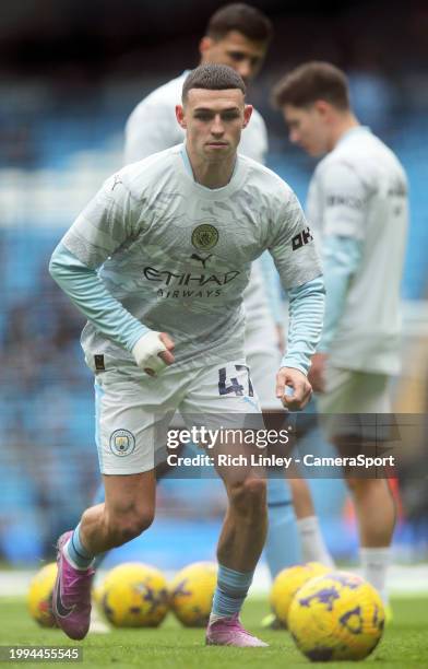 Manchester City's Phil Foden pictured during the pre-match warm-up ahead of the Premier League match between Manchester City and Everton FC at Etihad...