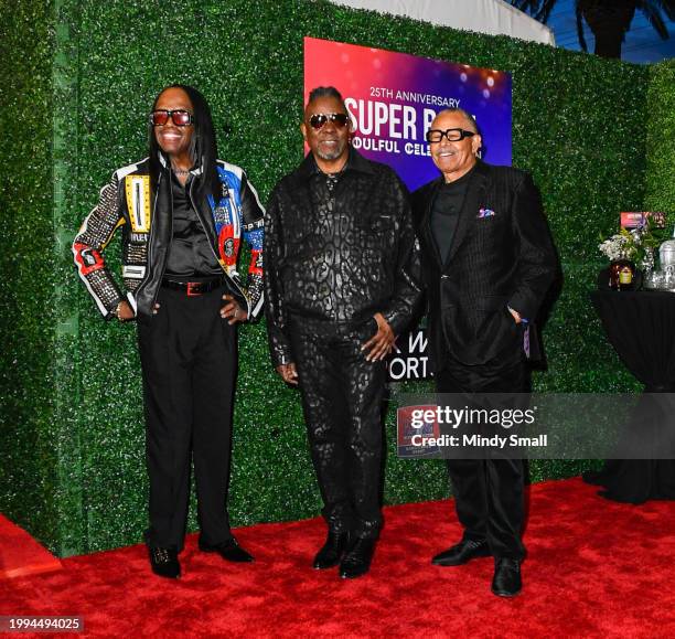 Verdine White, Philip Bailey and Ralph Johnson of Earth, Wind & Fire arrive at the Super Bowl Soulful Celebration 25th Anniversary at Pearl Theater...