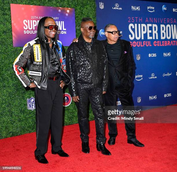 Verdine White, Philip Bailey and Ralph Johnson of Earth, Wind & Fire arrive at the Super Bowl Soulful Celebration 25th Anniversary at Pearl Theater...