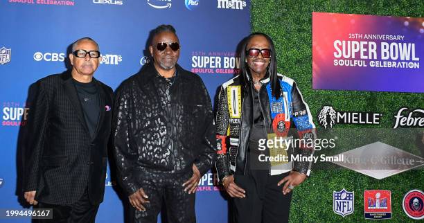 Ralph Johnson, Philip Bailey and Verdine White of Earth, Wind & Fire arrive at the Super Bowl Soulful Celebration 25th Anniversary at Pearl Theater...