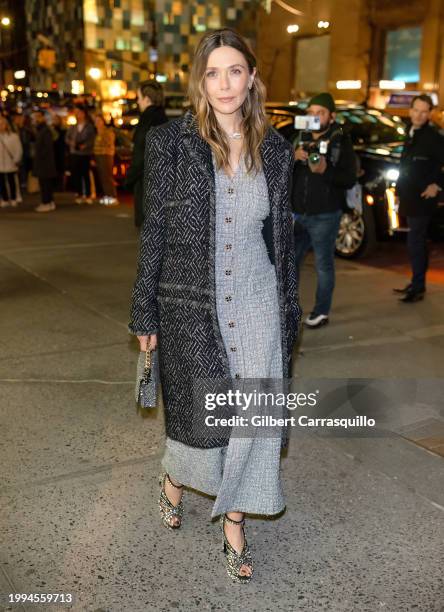 Actress Elizabeth Olsen is seen arriving to the CHANEL Dinner to celebrate the Watches & Fine Jewelry Fifth Avenue flagship boutique opening on...