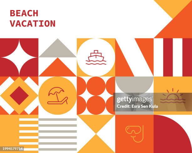 beach vacation concept bauhaus style background design with simple solid icons. this design is suitable for use on websites, in presentations, reports, magazines, and brochures. - spartan cruiser stock illustrations