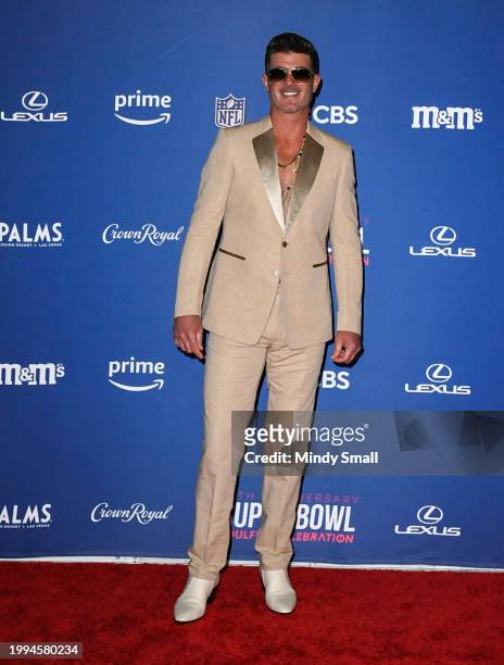 Robin Thicke arrives at the Super Bowl Soulful Celebration 25th Anniversary at Pearl Theater at the Palms Casino Resort on February 07, 2024 in Las...