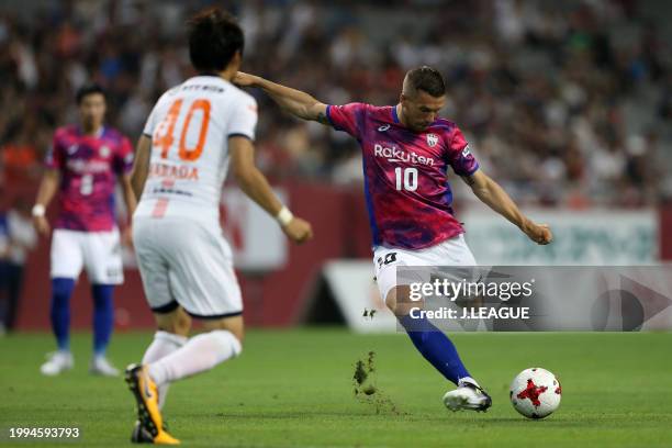 Lukas Podolski of Vissel Kobe scores the team's first goal during the J.League J1 match between Vissel Kobe and Omiya Ardija at Noevir Stadium Kobe...