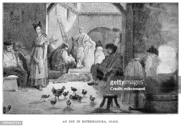 old engraving illustration of scene in an inn, extremadura, spain - extremadura stock pictures, royalty-free photos & images