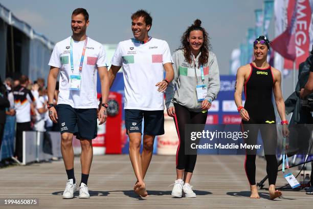 Domenico Acerenza, Gregorio Paltrinieri, Arianna Bridi and Giulia Gabbrielleschi of Team Italy prepare to compete in the Open Water Mixed Relay...