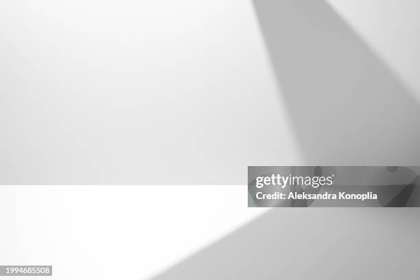 minimal empty black and white 3d room background with natural architectural shadows. modern sunny studio showcase with window light reflections. front view, copy space. - sombra en primer plano fotografías e imágenes de stock