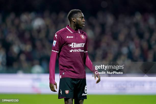 Junior Sambia of US Salernitana looks on during the Serie A match between US Salernitana and Empoli FC at Stadio Arechi on February 9, 2024 in...