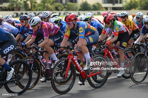 Femke Markus of The Netherlands and Team SD Worx-Protime, Isabel Sharp of Great Britain and Team Lidl-Trek and Elisa Longo Borghini of Italy and Team...