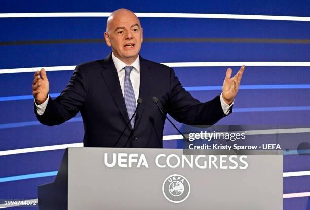 Gianni Infantino, President of FIFA, speaks during the 48th UEFA Ordinary Congress Meeting at Maison De La Mutualite on February 08, 2024 in Paris,...