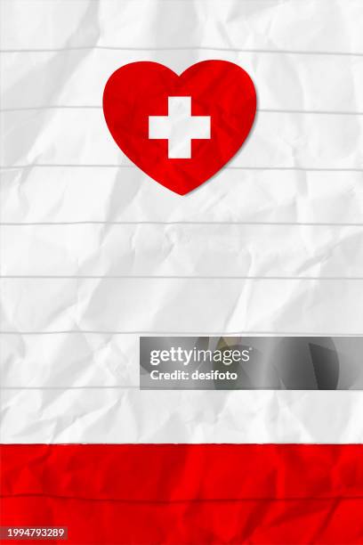 one vibrant solid red colored heart shape with a plus or medical cross over plain white coloured textured crumpled white line page paper vector vertical backgrounds with folds and creases and copy space and a stripe as bottom edge border - plus pattern stock illustrations