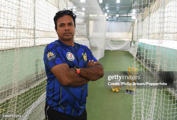 Jwala Singh, a cricket coach in Mumbai in some indoor nets that he built after the 2nd Test Match between India and England on February 08, 2024 in...
