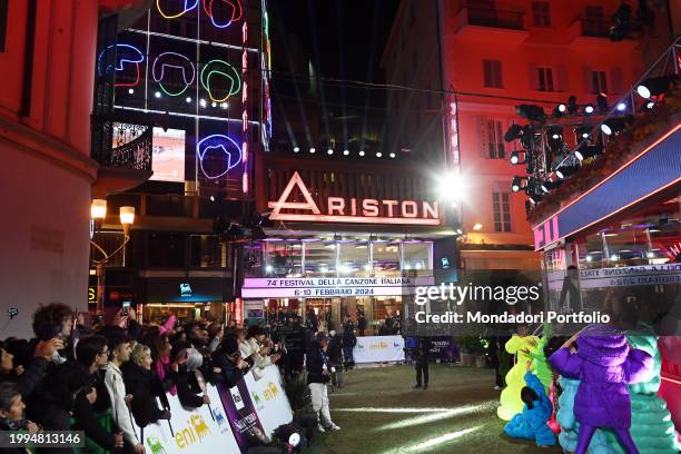 Facade of the Ariston theater during 74 Sanremo Music Festival. Second evening. Sanremo , February 7th, 2024
