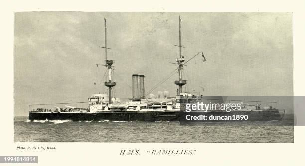 british royal navy warship, hms ramillies, royal sovereign-class battleship, 1890s, victorian, 19th century - steamer stock illustrations