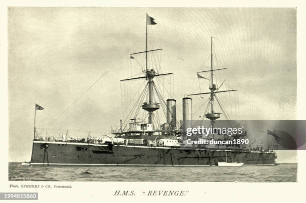 ilustraciones, imágenes clip art, dibujos animados e iconos de stock de buque de guerra de la marina real británica, hms revenge, acorazado de la clase royal sovereign, década de 1890, victoriano, siglo xix - marina real británica