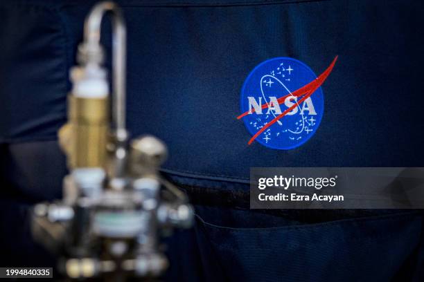 The NASA logo among instruments used to measure air quality is seen aboard the NASA DC-8 flying laboratory, at Clark Air Base on February 08, 2024 in...