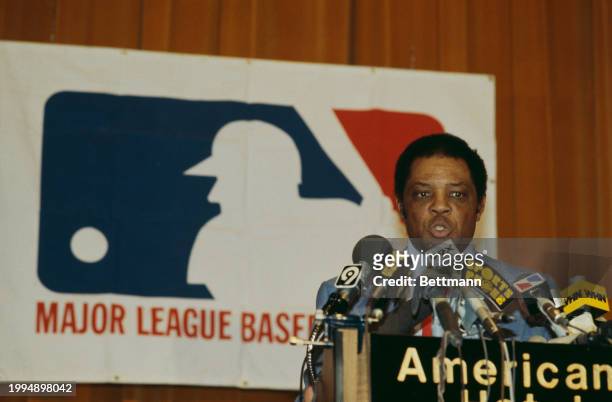 Former baseball player Willie Mays speaking at a press conference after being elected to the Baseball Hall of Fame, New York, January 23rd 1979.