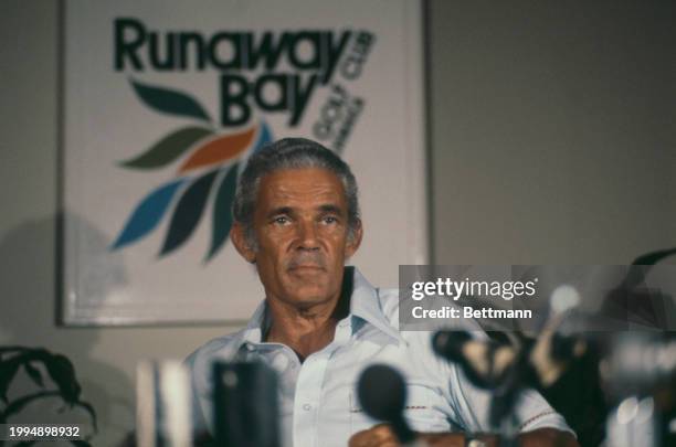 Jamaican Prime Minister Michael Manley attending a press conference in Runaway Bay, Jamaica, December 27th 1978. Leaders of seven countries met for a...