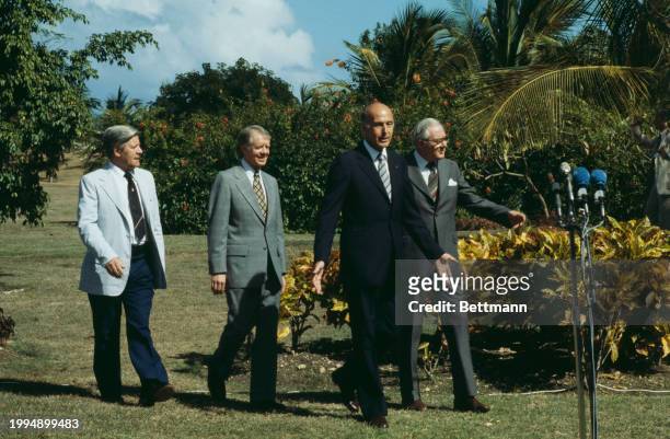 Western leaders attending a press conference during the Guadeloupe Conference, January 6th 1979. Left to right: German Chancellor Helmut Schmidt, US...