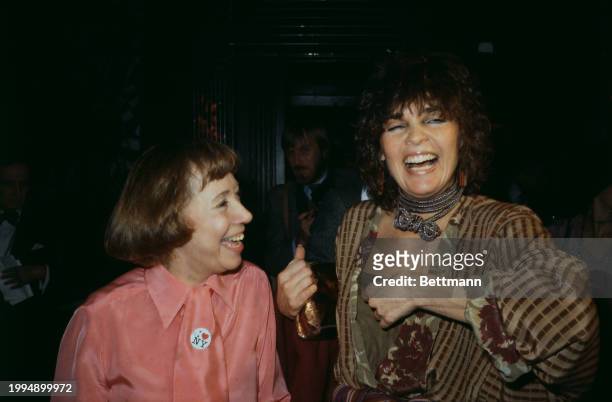 American actresses Imogene Coca and Ali McaGraw laughing together at a 'I Love New York' theatre promotion in New York, January 16th 1979. The event...