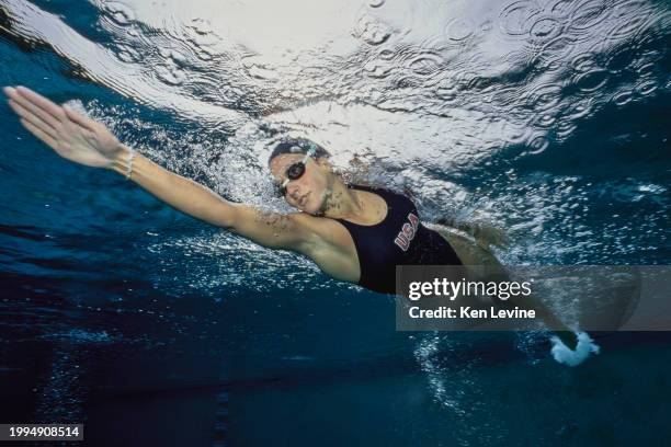 Portrait of Olympic Gold Medalist swimmer Summer Sanders from the United States swimming the freestlye stroke underwater on 18th June 1992 at the...