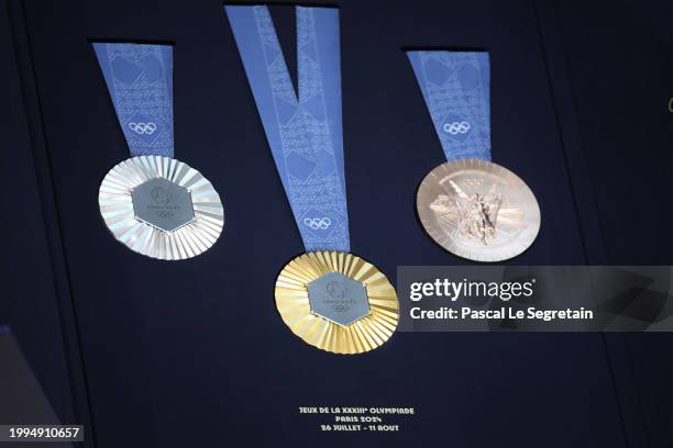 Olympic medals are displayed during the unveiling of the Paris 2024 Olympic and Paralympic Games Medals At Paris 2024 Headquarters on February 08,...