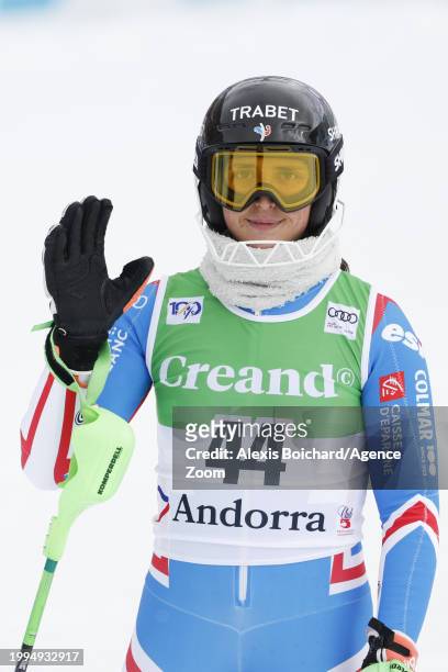 Marion Chevrier of Team France reacts during the Audi FIS Alpine Ski World Cup Women's Slalom on February 11, 2024 in Soldeu, Andorra.
