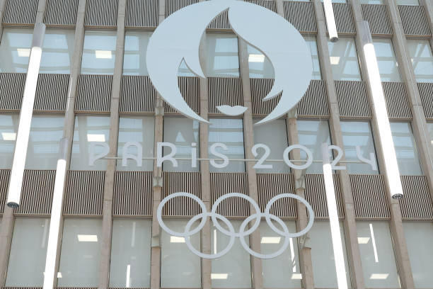 The logo of Paris 2024 Olympics is pictured during the unveiling of the Paris 2024 Olympic and Paralympic Games Medals At Paris 2024 Headquarters on...