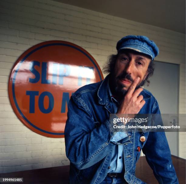 English painter and collage artist Richard Hamilton , one of Britain's first pop artists, posed in England in 1972. Hamilton is wearing a denim...