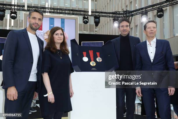 Tony Estanguet, Clémantine Massonat, Antoine Arnault and Benoit Verhulle attend the unveiling of the Paris 2024 Olympic and Paralympic Games Medals...