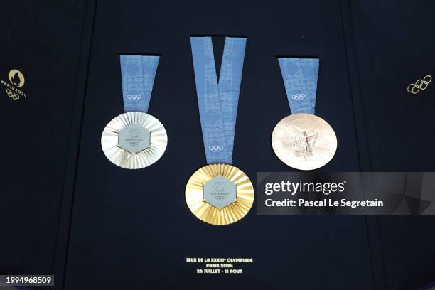 Olympic medals are displayed during the unveiling of the Paris 2024 Olympic and Paralympic Games Medals At Paris 2024 Headquarters on February 08,...