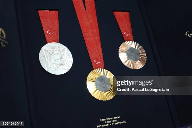 Paralympic medals are displayed during the unveiling of the Paris 2024 Olympic and Paralympic Games Medals At Paris 2024 Headquarters on February 08,...