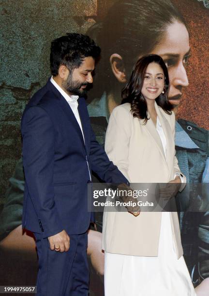 Aditya Dhar and Yami Gautam attend the trailer launch of film 'Article 370' on February 08, 2024 in Mumbai, India.