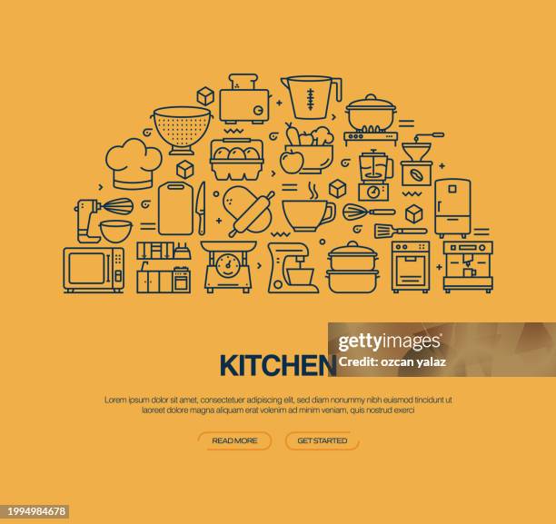 kitchen related vector banner design concept. global multi-sphere ready-to-use template. web banner, website header, magazine, mobile application etc. modern design. - kitchen surface stock illustrations